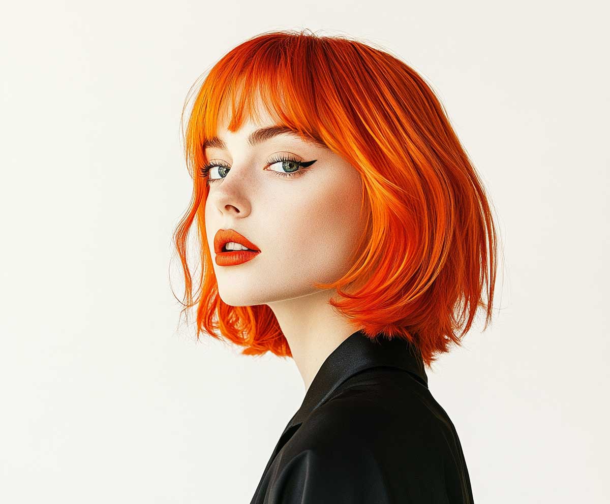 Vibrant tangerine bob on a woman with fine hair, sharp jaw-length cut with subtle waves, high-resolution beauty photo, edgy fashion style, bright makeup, clean white background