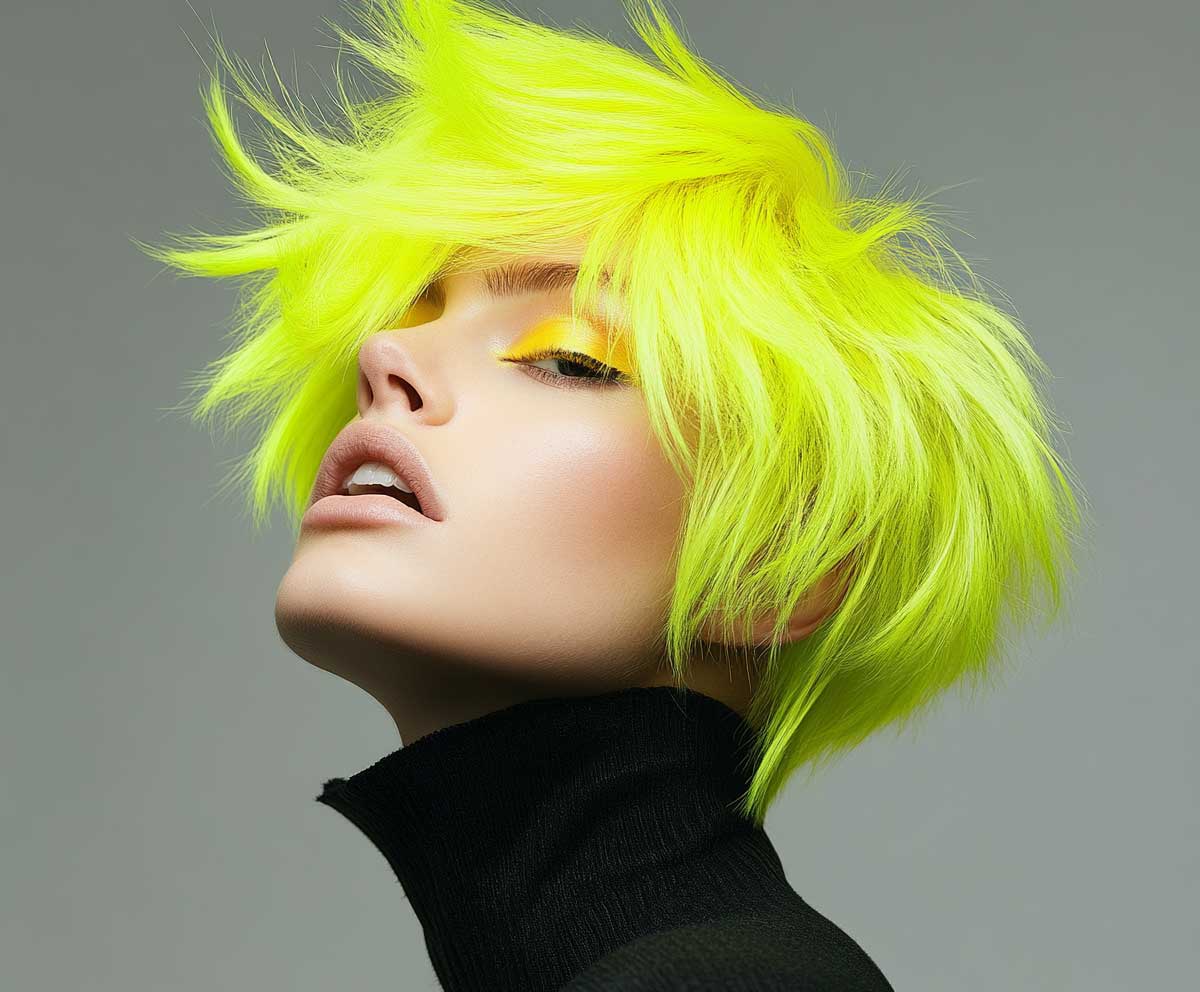 Neon green feathered crop haircut for woman with fine hair, bright hair in motion, close-up beauty image, dynamic and edgy, minimalist fashion outfit, neutral gray background