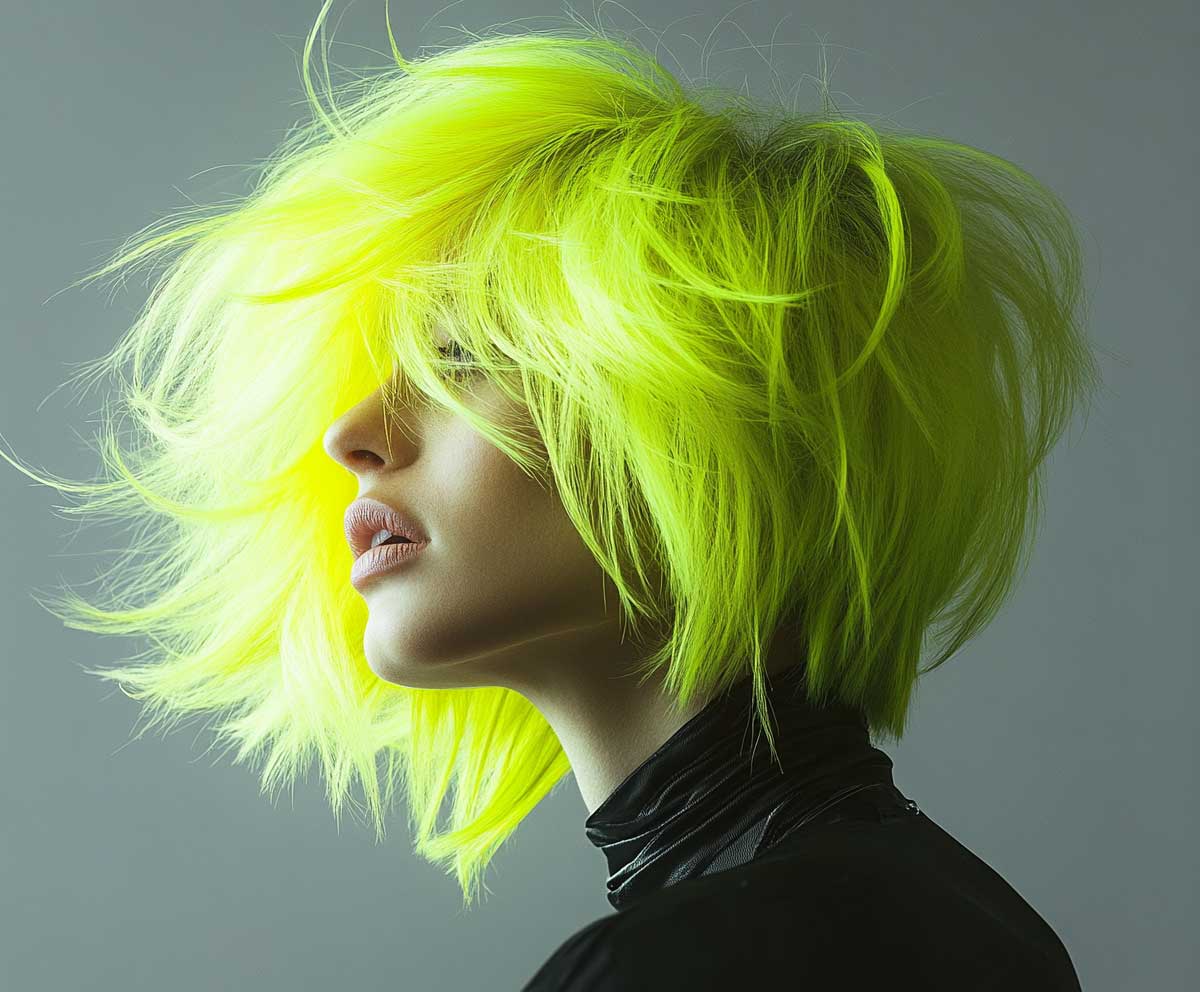 Neon green feathered crop haircut for woman with fine hair, bright hair in motion, close-up beauty image, dynamic and edgy, minimalist fashion outfit, neutral gray background