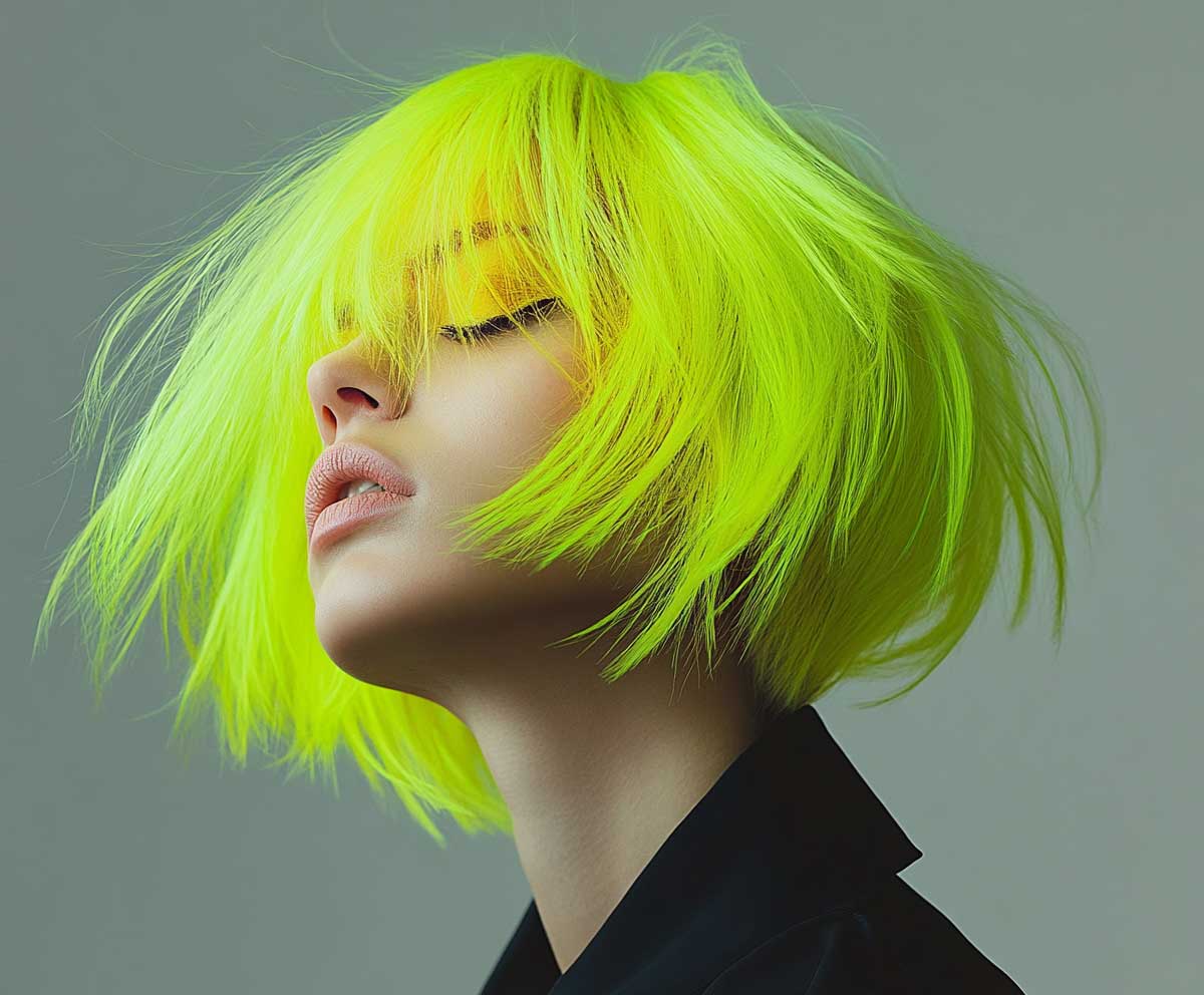 Neon green feathered crop haircut for woman with fine hair, bright hair in motion, close-up beauty image, dynamic and edgy, minimalist fashion outfit, neutral gray background