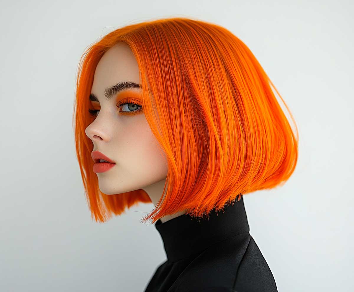 Vibrant tangerine bob on a woman with fine hair, sharp jaw-length cut with subtle waves, high-resolution beauty photo, edgy fashion style, bright makeup, clean white background