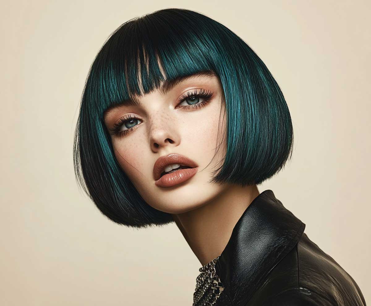 Editorial portrait of a model with an oval face, short layered bob in deep teal, blunt ends, sleek texture, bold style, neutral background, cinematic lighting, high definition
