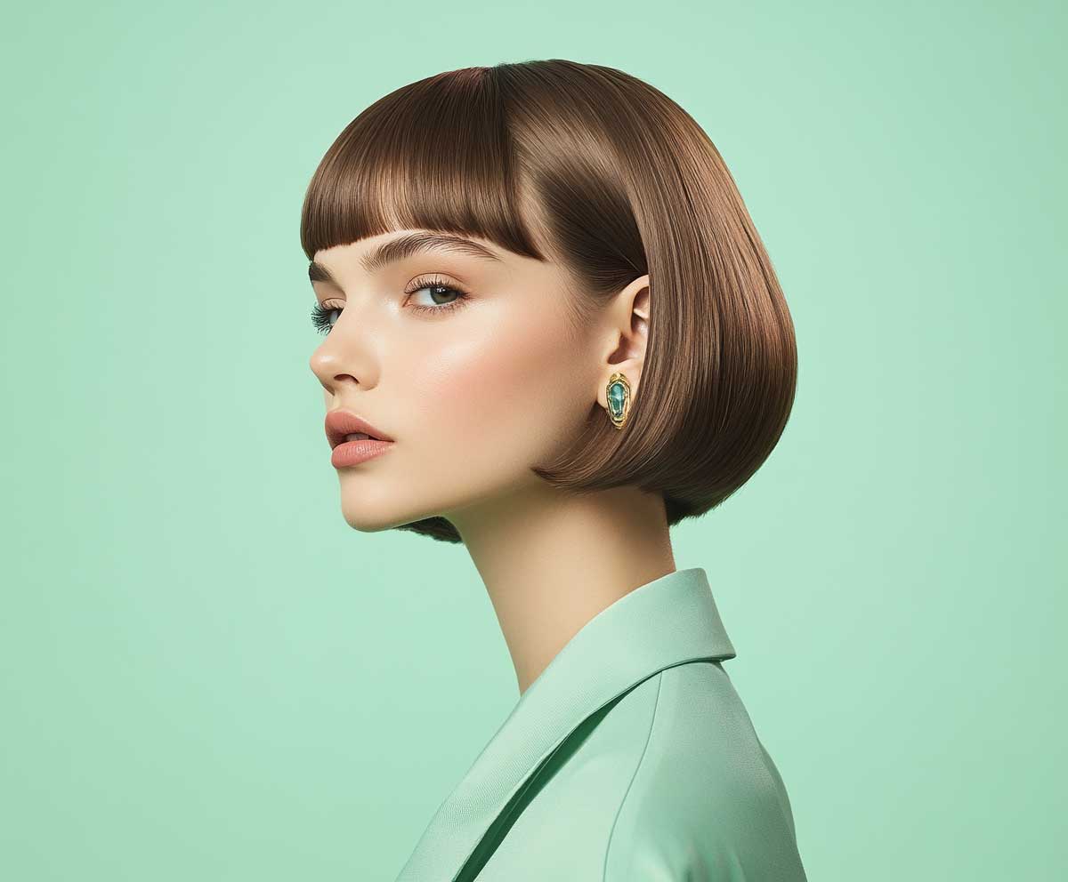 Editorial beauty photo of a young woman with a diamond face, short layered bob in soft mint color, side swoop layers, sleek and smooth finish, professional lighting, minimal background