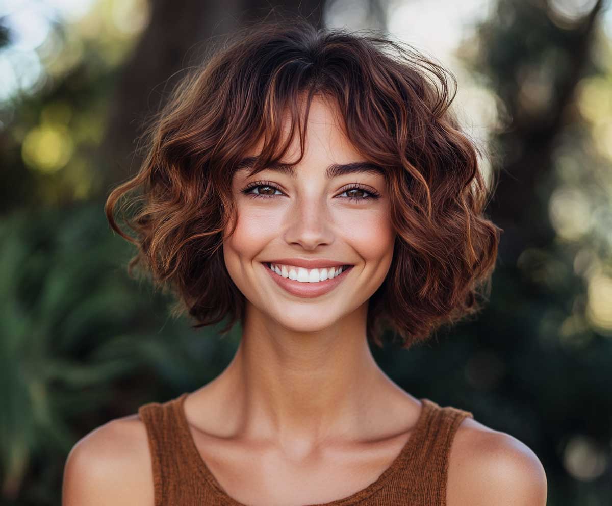 Smiling woman with an oval face, short layered bob with warm caramel shag texture, outdoor lighting, candid moment, glowing complexion, detailed hair texture, vibrant color pop