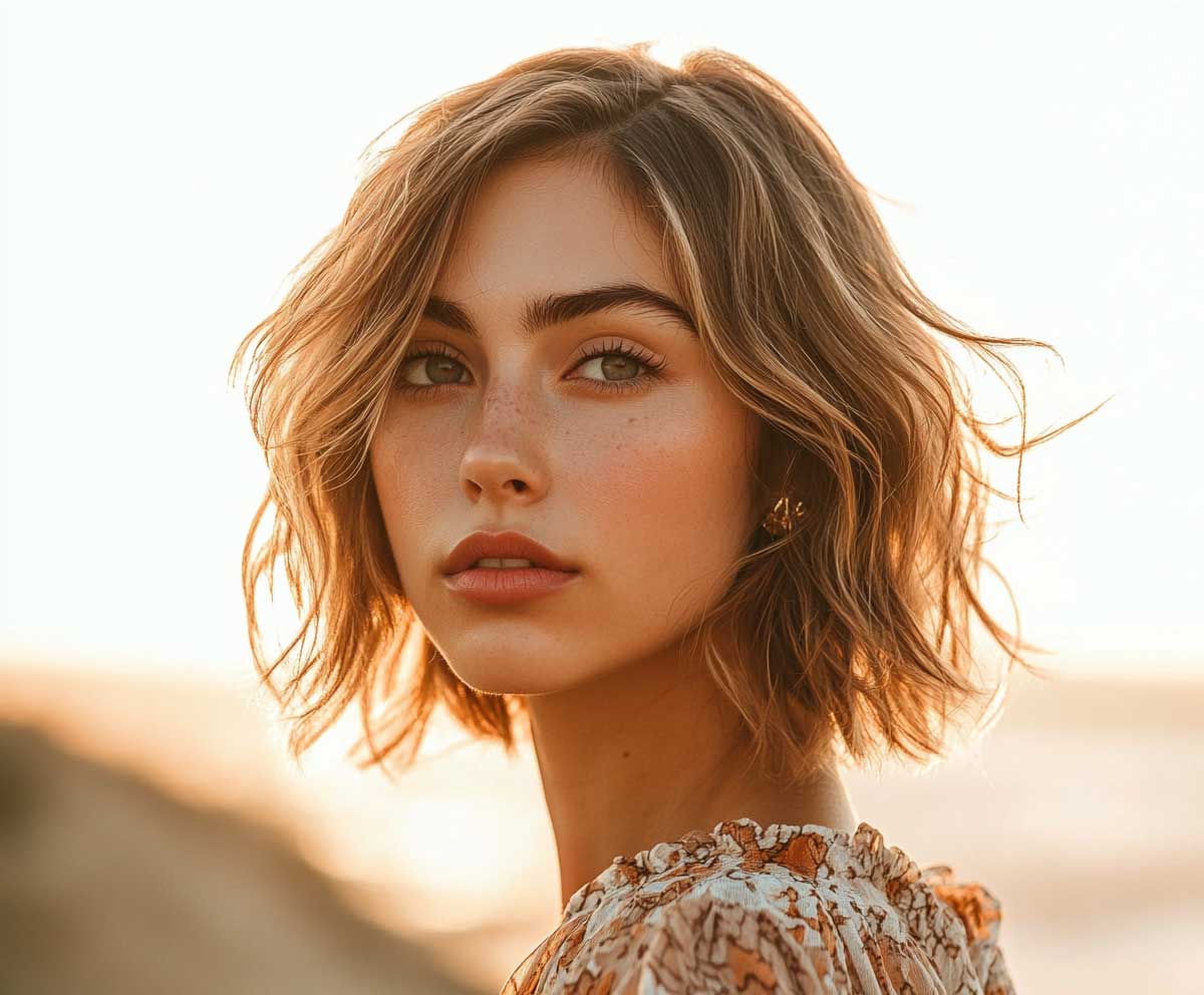 Outdoor golden hour shot of a woman with a diamond face shape, short layered bob with bronze waves, sun-kissed highlights, shoulder-length, wind-blown look, candid fashion portrait