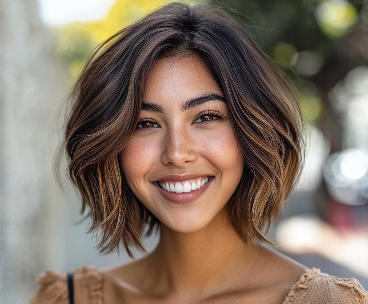 Smiling woman with an oval face, short layered bob with warm caramel shag texture, outdoor lighting, candid moment, glowing complexion, detailed hair texture, vibrant color pop