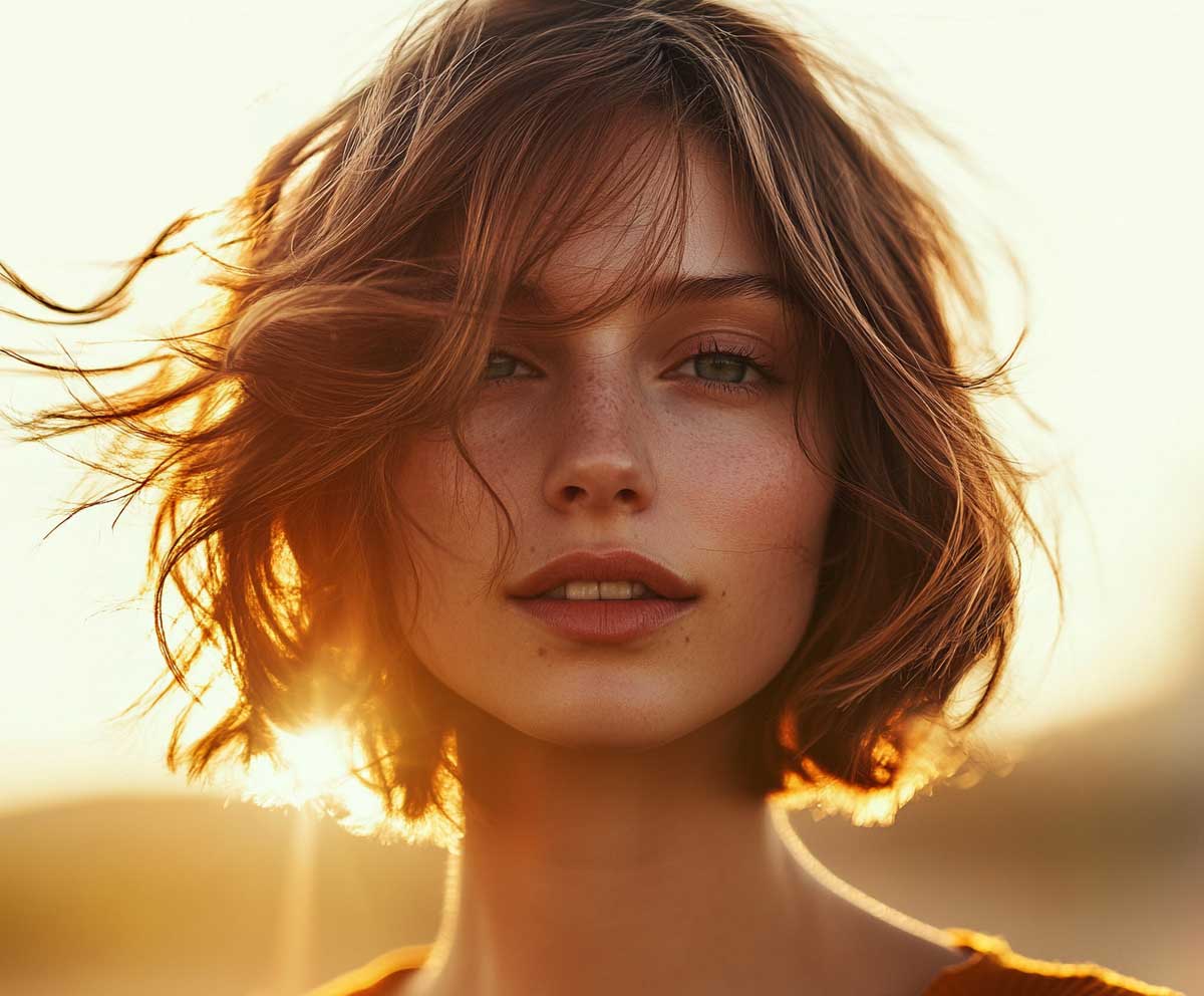 Outdoor golden hour shot of a woman with a diamond face shape, short layered bob with bronze waves, sun-kissed highlights, shoulder-length, wind-blown look, candid fashion portrait