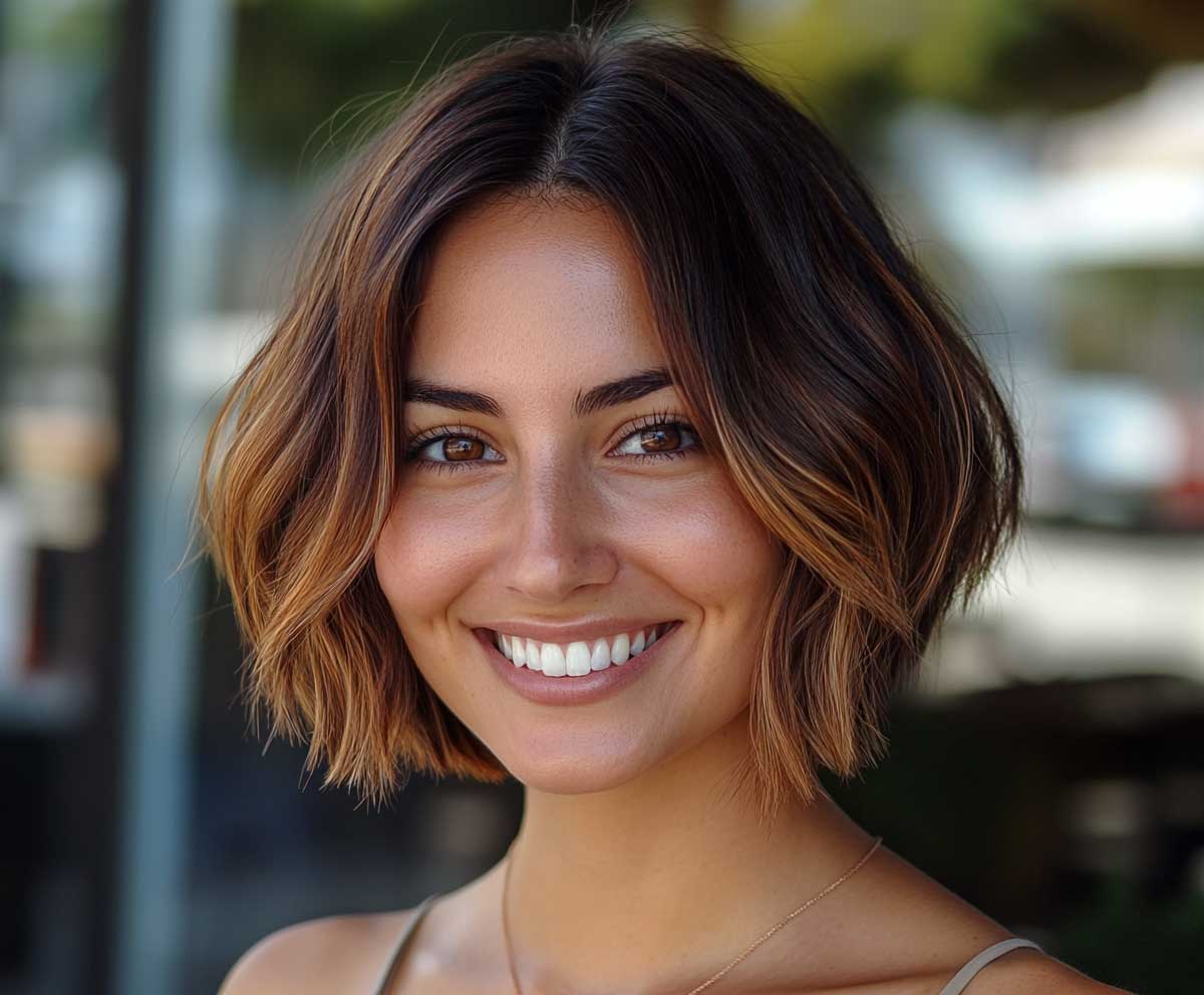 Smiling woman with an oval face, short layered bob with warm caramel shag texture, outdoor lighting, candid moment, glowing complexion, detailed hair texture, vibrant color pop