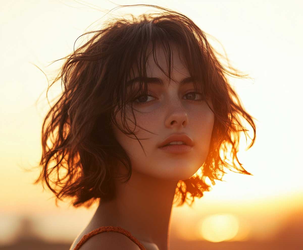 Outdoor golden hour shot of a woman with a diamond face shape, short layered bob with bronze waves, sun-kissed highlights, shoulder-length, wind-blown look, candid fashion portrait