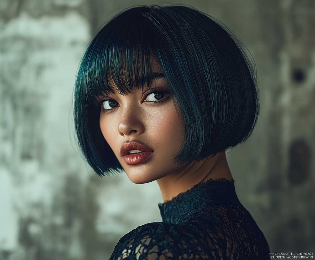 Editorial portrait of a model with an oval face, short layered bob in deep teal, blunt ends, sleek texture, bold style, neutral background, cinematic lighting, high definition