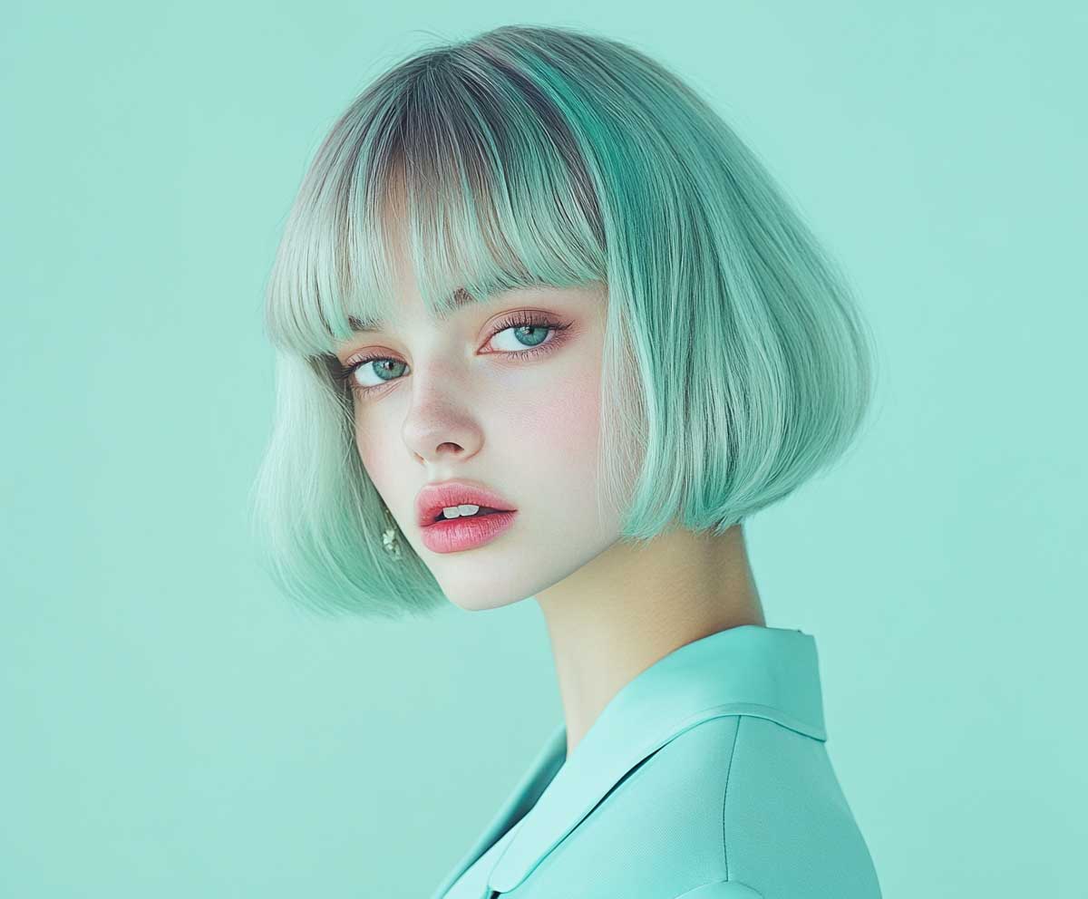 Editorial beauty photo of a young woman with a diamond face, short layered bob in soft mint color, side swoop layers, sleek and smooth finish, professional lighting, minimal background