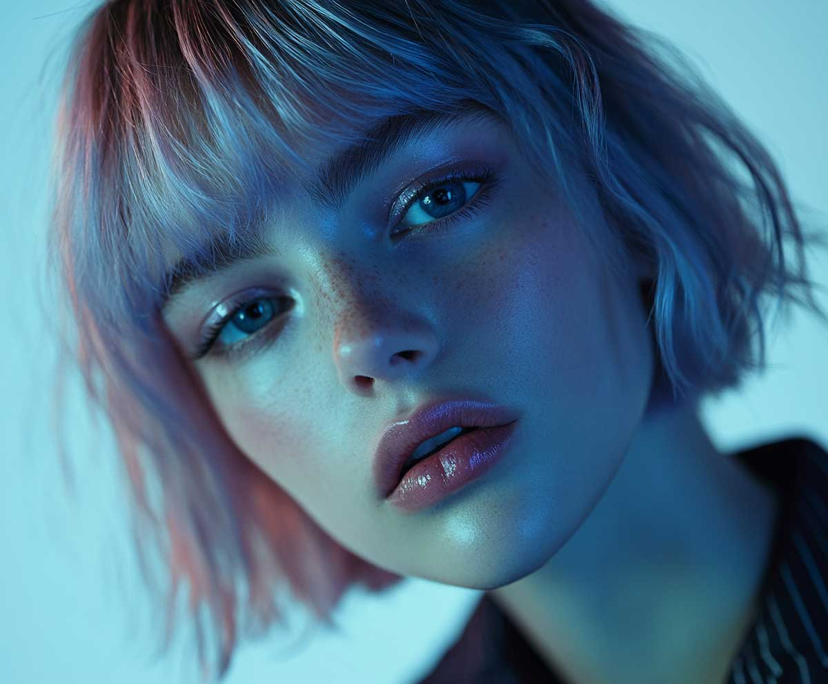 Fashion editorial close-up of a model with a square face, short layered bob haircut with icy lilac highlights, textured bangs, soft lighting, minimal makeup, medium contrast