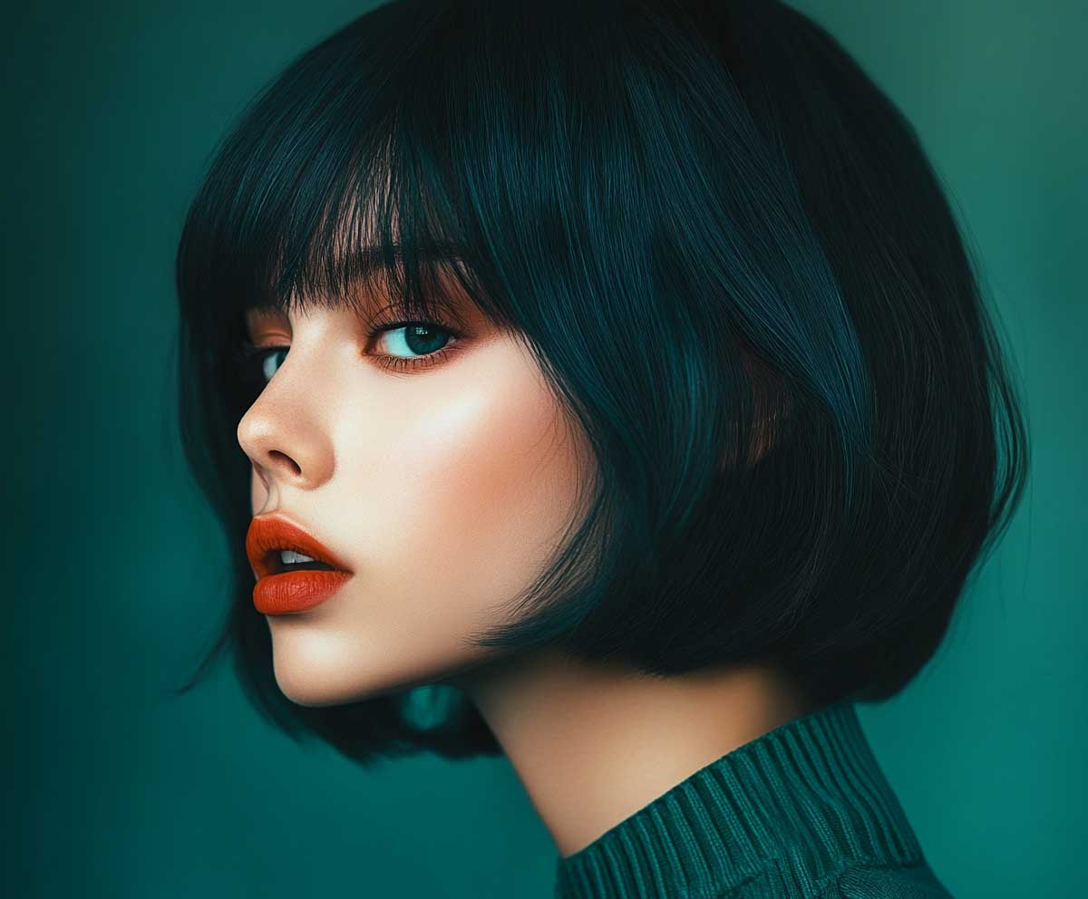 Editorial portrait of a model with an oval face, short layered bob in deep teal, blunt ends, sleek texture, bold style, neutral background, cinematic lighting, high definition
