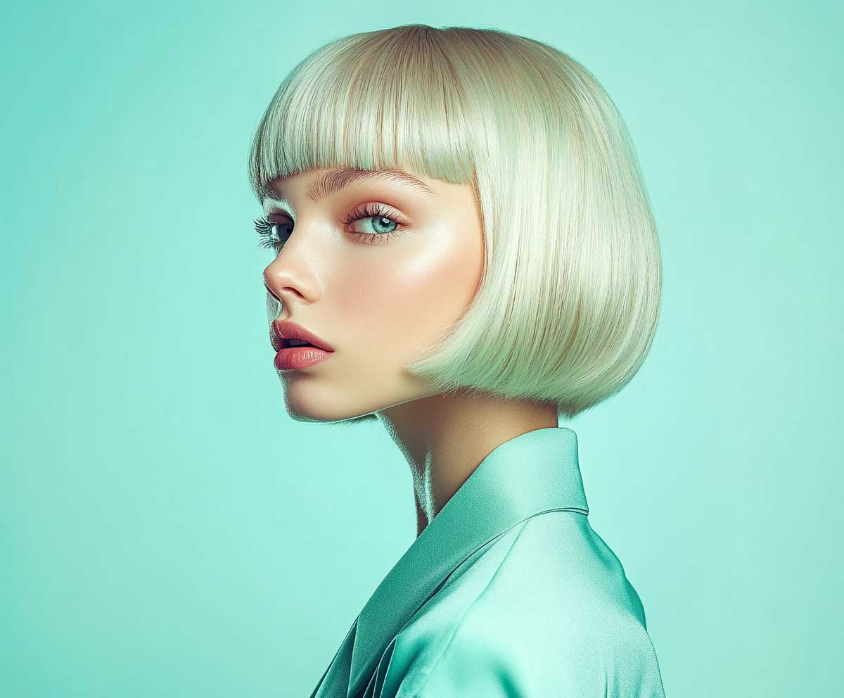 Editorial beauty photo of a young woman with a diamond face, short layered bob in soft mint color, side swoop layers, sleek and smooth finish, professional lighting, minimal background