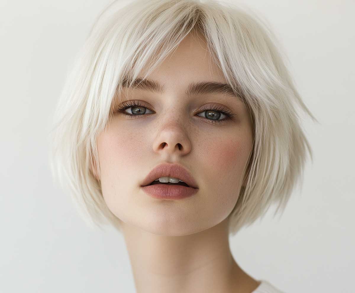 Close-up fashion photo of a model with a round face, short layered bob in silver blonde, shimmering layers with soft volume, clean white background, minimal makeup, high detail, 85mm lens look