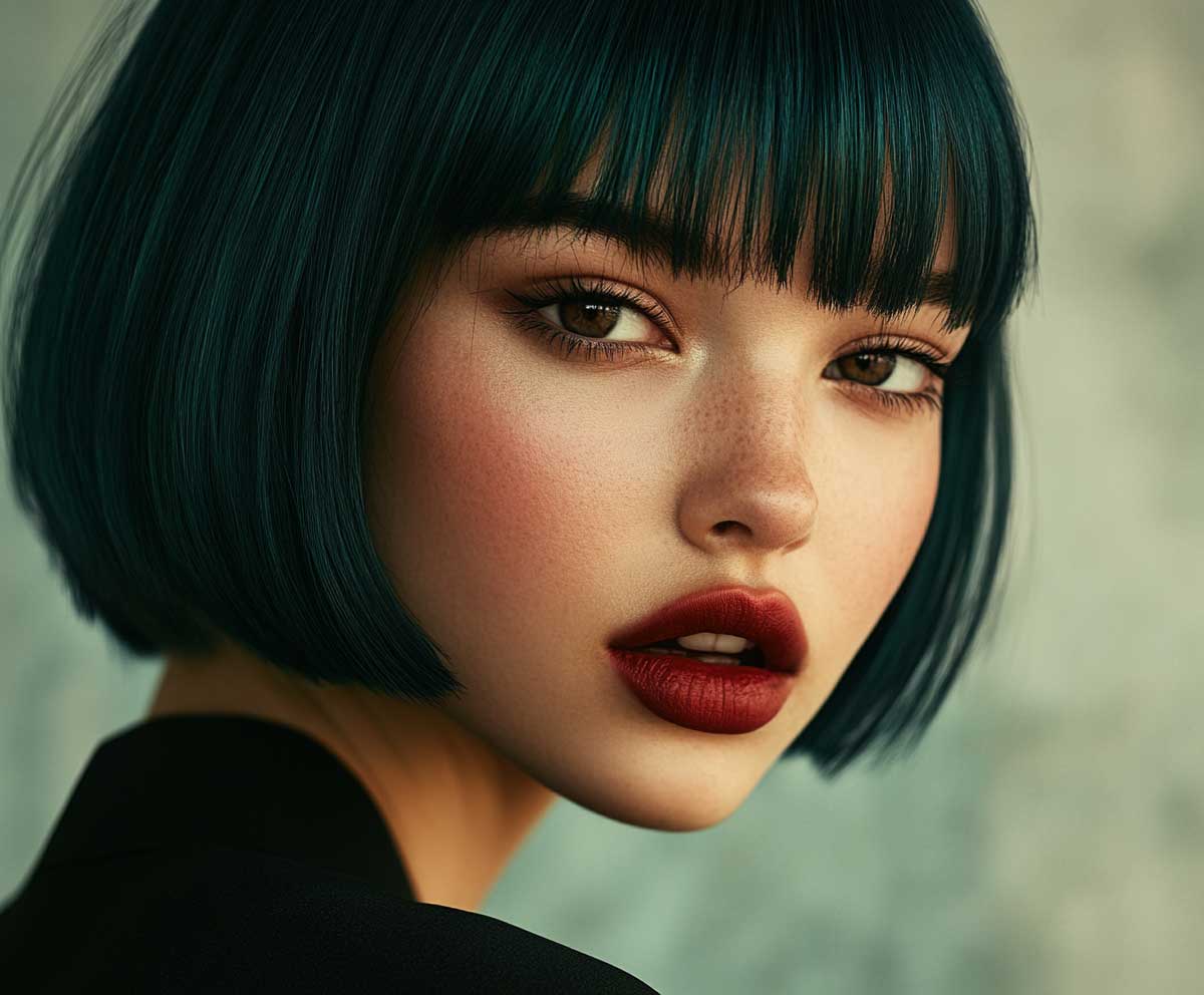 Editorial portrait of a model with an oval face, short layered bob in deep teal, blunt ends, sleek texture, bold style, neutral background, cinematic lighting, high definition