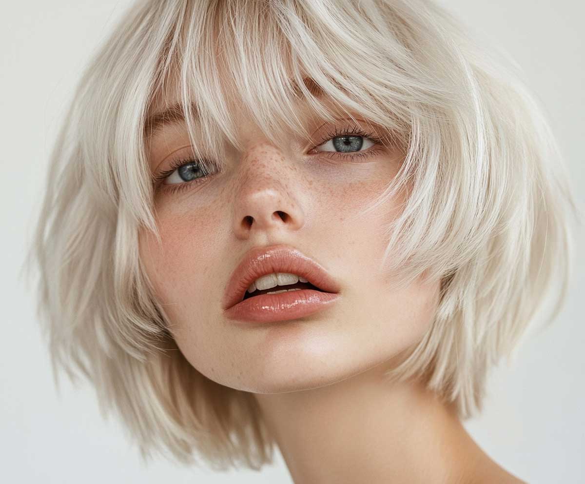 Close-up fashion photo of a model with a round face, short layered bob in silver blonde, shimmering layers with soft volume, clean white background, minimal makeup, high detail, 85mm lens look