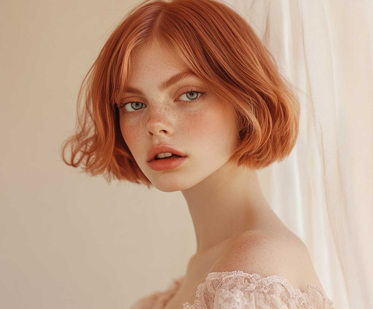 Fashion model with an oval face, short layered bob in rose gold, curtain layers framing the face, soft indoor lighting, elegant studio setup, realistic details, light shadows, clean background