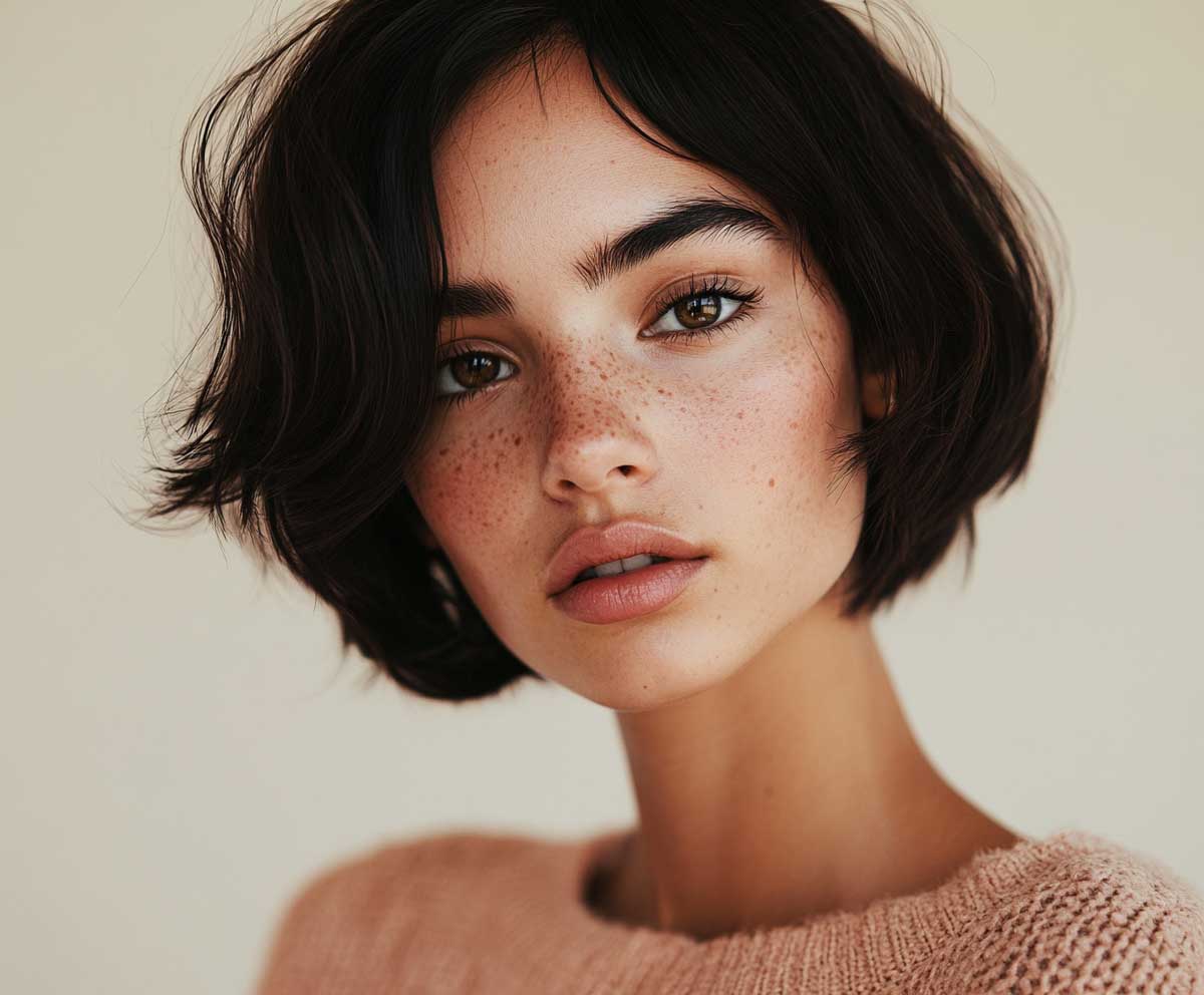Fashion model with a diamond-shaped face, short layered bob in dusty rose, airy textured layers, natural makeup, soft studio lighting, detailed hair texture, muted background