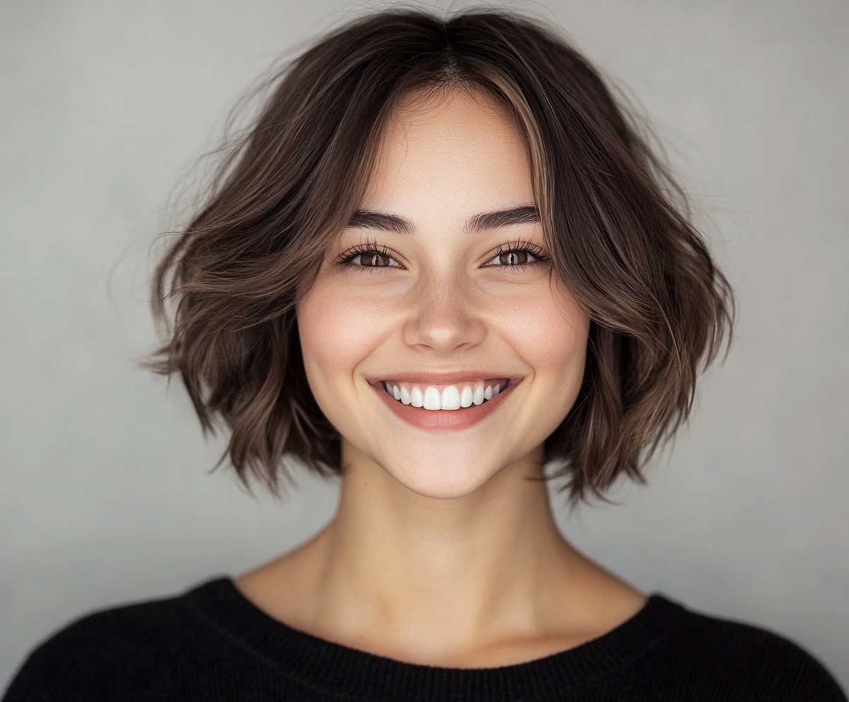 Full head view of a smiling woman with a round face, short layered bob in espresso brown, textured tousled layers, neutral background, natural lighting, professional hair modeling photo