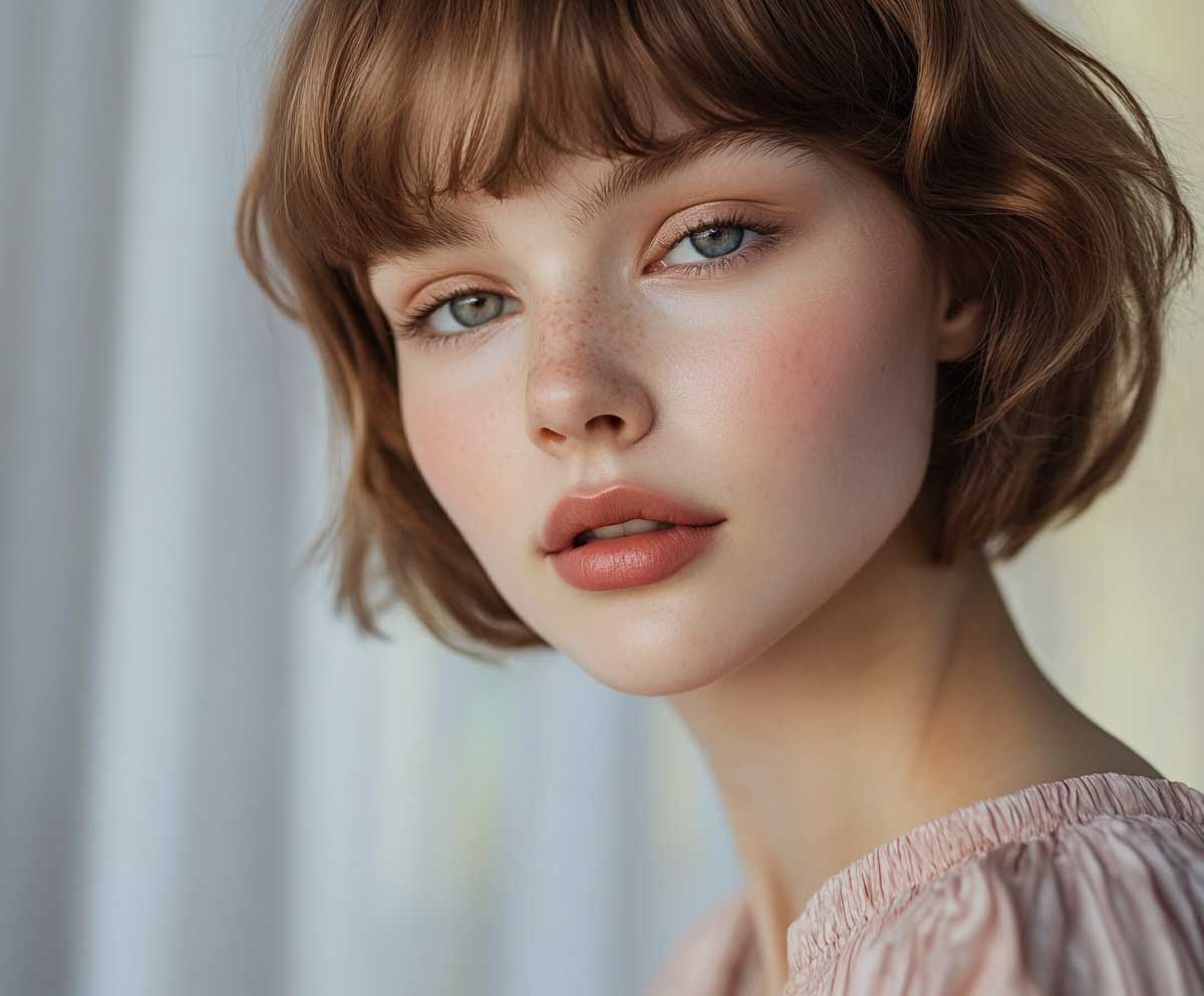 Fashion model with an oval face, short layered bob in rose gold, curtain layers framing the face, soft indoor lighting, elegant studio setup, realistic details, light shadows, clean background