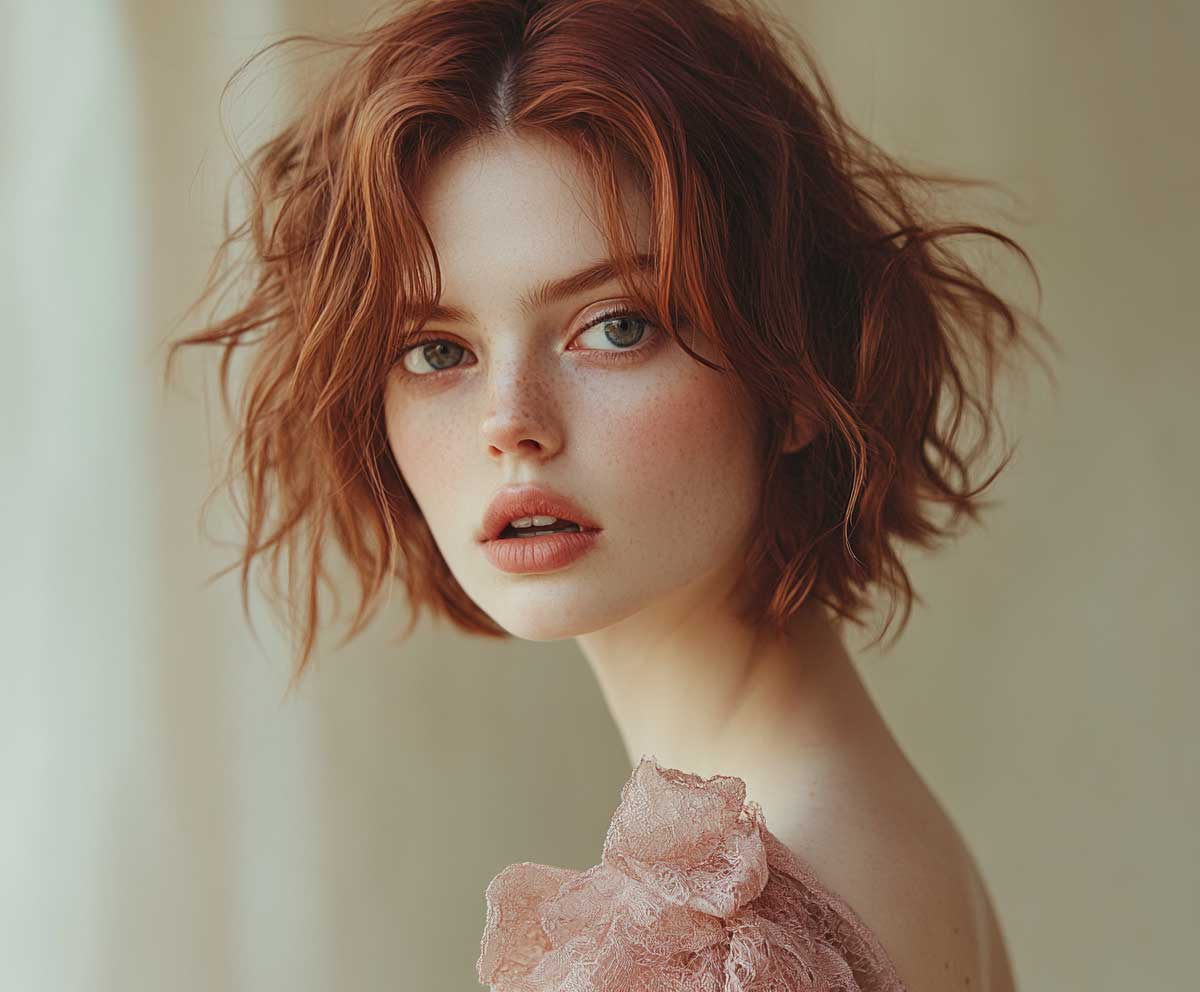 Fashion model with a diamond-shaped face, short layered bob in dusty rose, airy textured layers, natural makeup, soft studio lighting, detailed hair texture, muted background