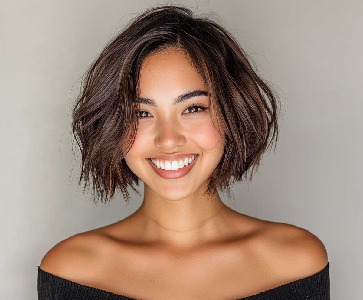 Full head view of a smiling woman with a round face, short layered bob in espresso brown, textured tousled layers, neutral background, natural lighting, professional hair modeling photo