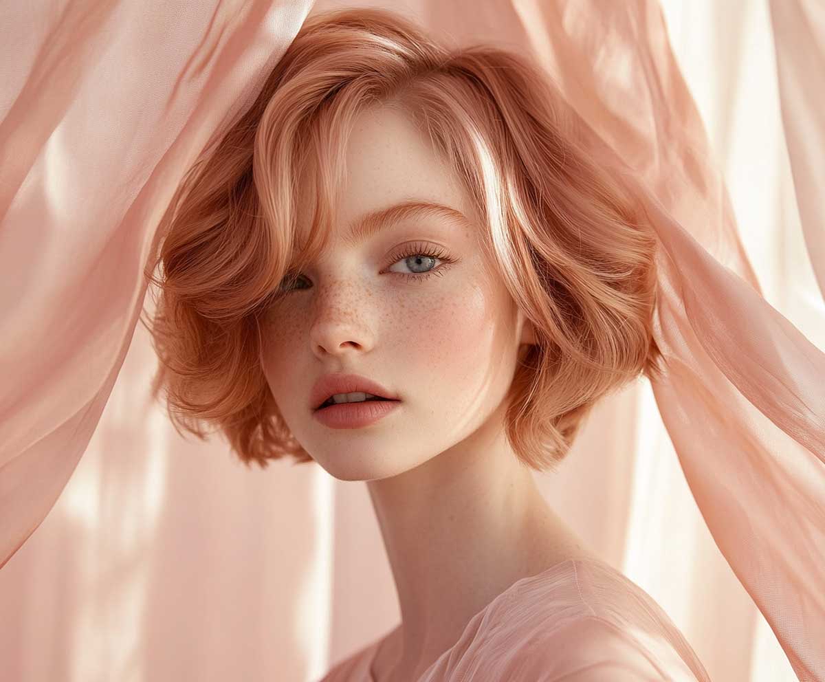 Fashion model with an oval face, short layered bob in rose gold, curtain layers framing the face, soft indoor lighting, elegant studio setup, realistic details, light shadows, clean background