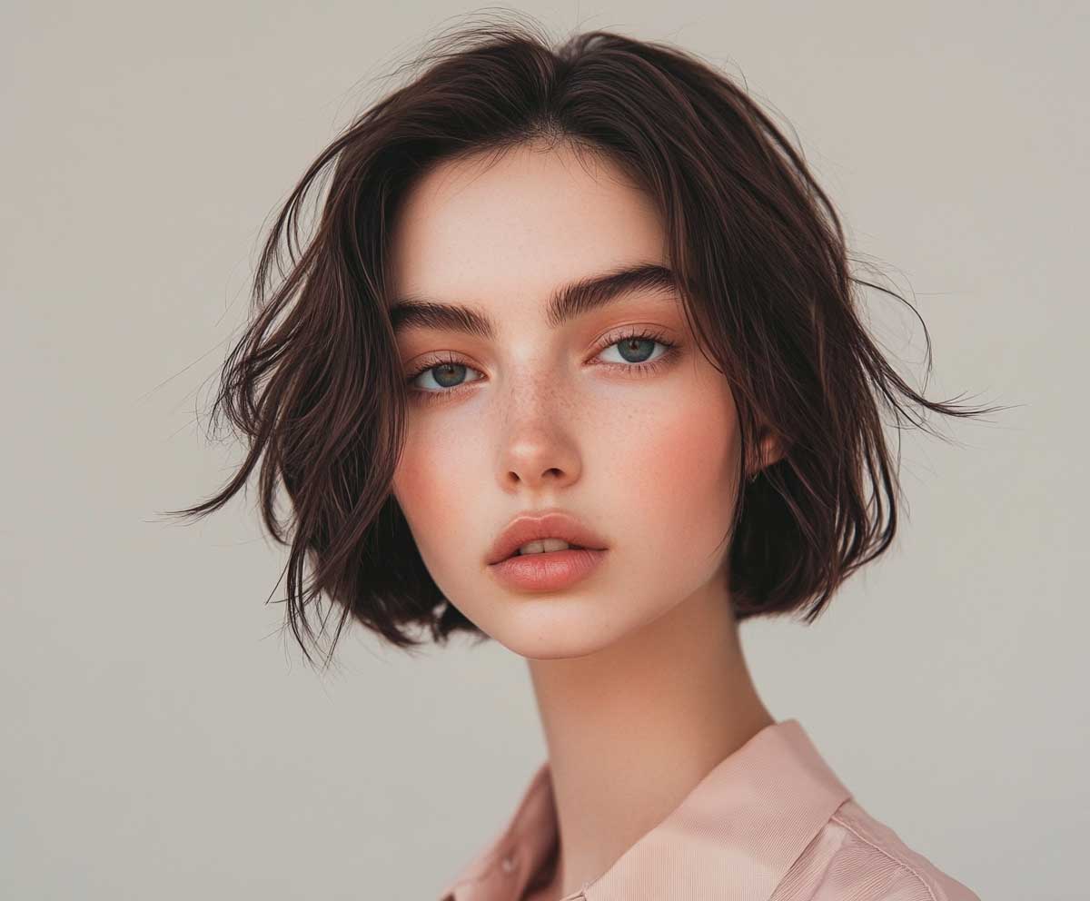 Fashion model with a diamond-shaped face, short layered bob in dusty rose, airy textured layers, natural makeup, soft studio lighting, detailed hair texture, muted background