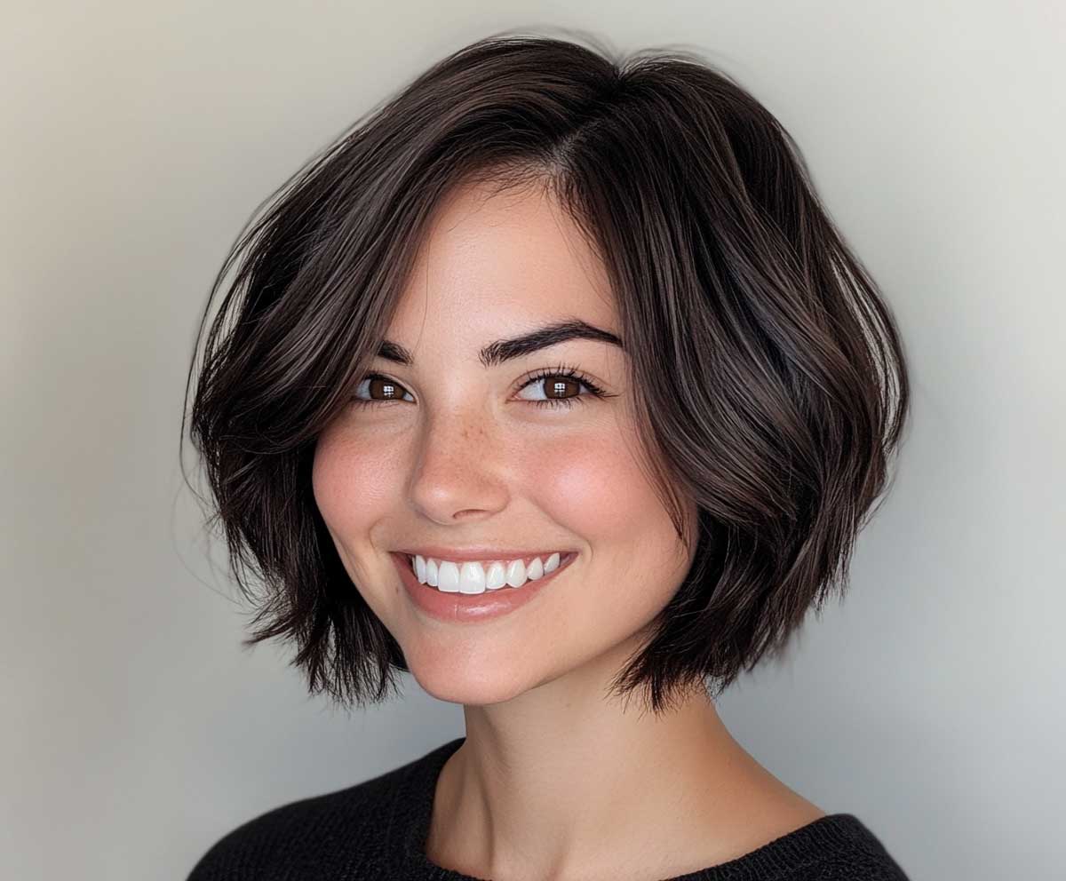 Full head view of a smiling woman with a round face, short layered bob in espresso brown, textured tousled layers, neutral background, natural lighting, professional hair modeling photo