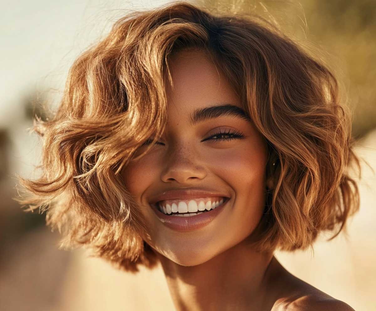 Natural light close-up of a smiling model with a heart-shaped face, short layered bob in soft honey blonde, voluminous layers, face-framing pieces, outdoor golden hour lighting, soft focus