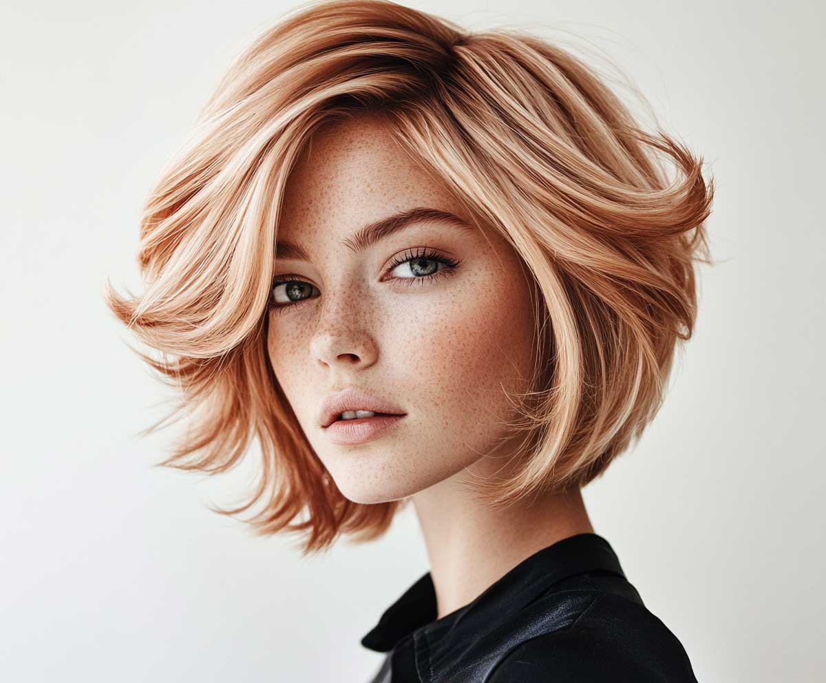 Fashion model with an oval face, short layered bob in rose gold, curtain layers framing the face, soft indoor lighting, elegant studio setup, realistic details, light shadows, clean background