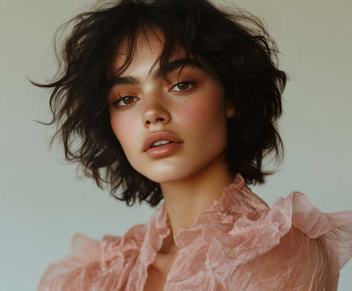 Fashion model with a diamond-shaped face, short layered bob in dusty rose, airy textured layers, natural makeup, soft studio lighting, detailed hair texture, muted background