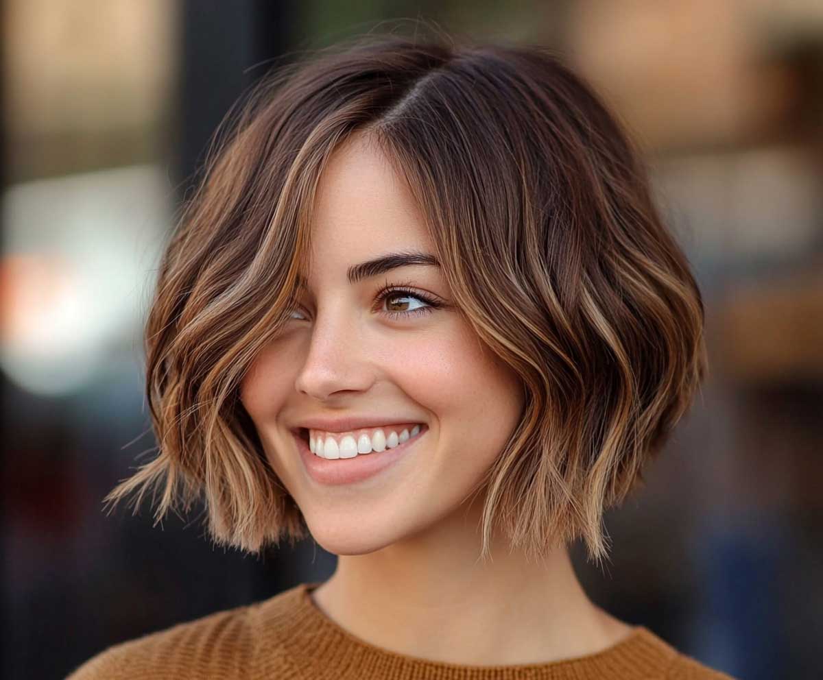 Smiling woman with an oval face, short layered bob with warm caramel shag texture, outdoor lighting, candid moment, glowing complexion, detailed hair texture, vibrant color pop