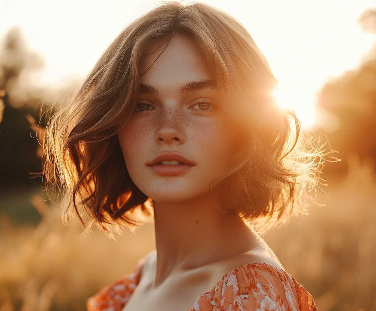 Outdoor golden hour shot of a woman with a diamond face shape, short layered bob with bronze waves, sun-kissed highlights, shoulder-length, wind-blown look, candid fashion portrait