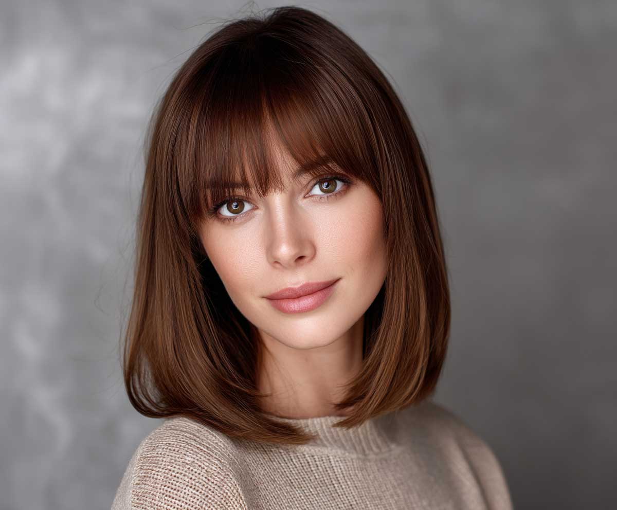 Elegant woman with a long face shape, short straight chestnut brown hair with curtain bangs, gentle lighting, clean background, soft natural makeup