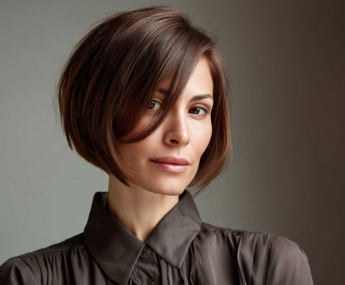 Chic woman with a heart shaped face, short straight mocha brown hair styled in a layered side part bob, soft lighting, neutral indoor background, natural expression