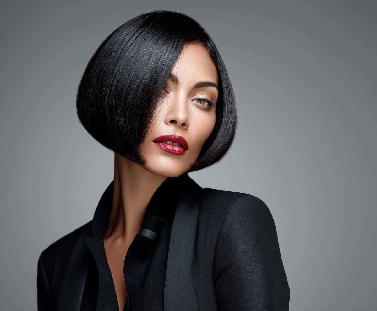 Sophisticated woman with an oval face, short straight espresso black geometric bob, minimal background, refined styling, front-facing pose