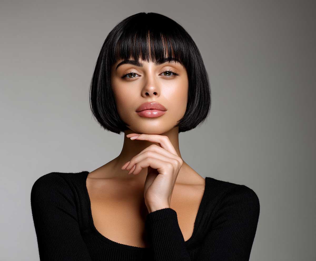 Chic woman with a round face, short straight jet black hair in a sharp chin-length crop, studio lighting, confident pose, neutral background