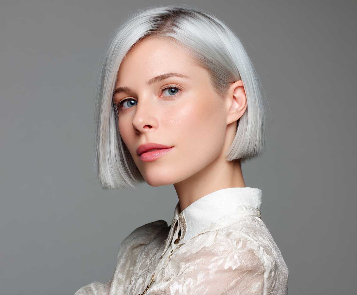 Modern woman with a square face, icy platinum short straight hair in a blunt undercut bob, high fashion look, neutral background, direct eye contact
