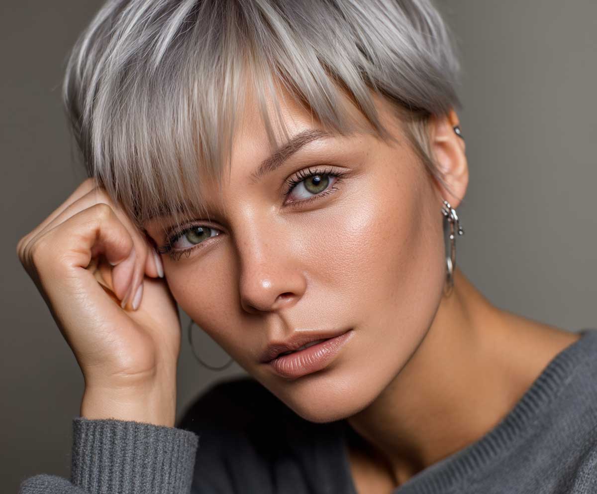 Trendy woman with a round face, short straight silver ash layered pixie haircut, close-up portrait, natural makeup, bright background