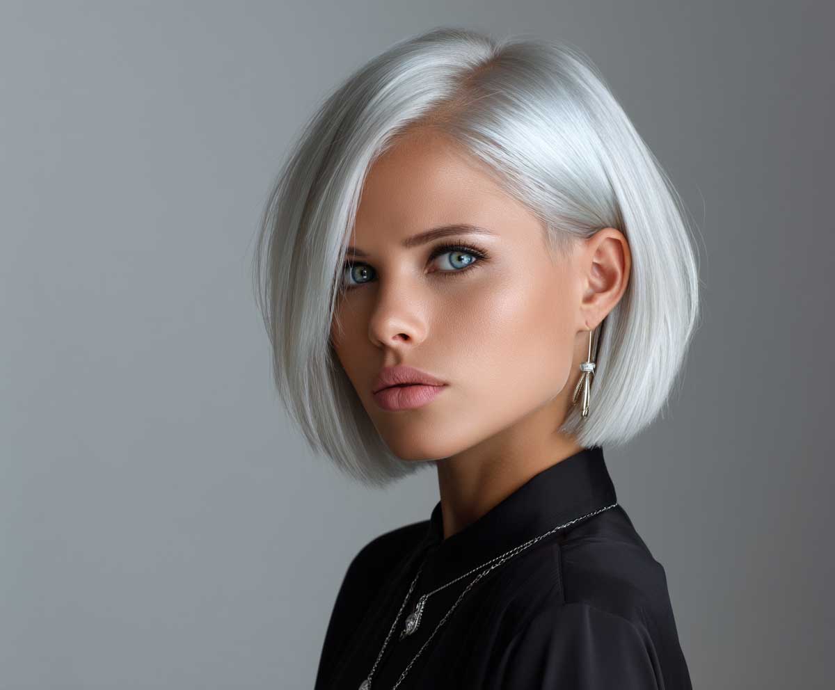 Modern woman with a square face, icy platinum short straight hair in a blunt undercut bob, high fashion look, neutral background, direct eye contact