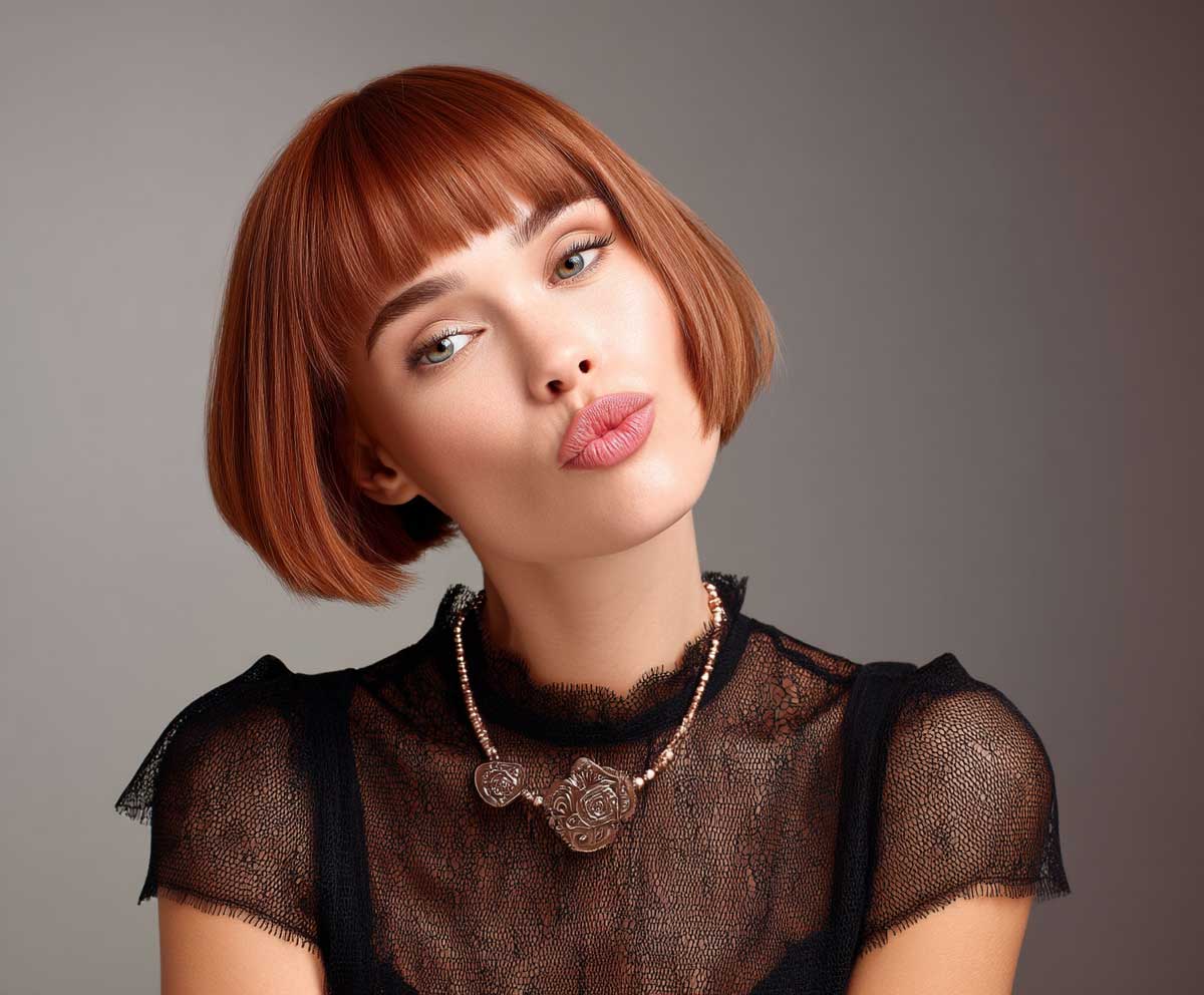 Trendy woman with a long face, rose gold chin length straight pageboy haircut, playful expression, studio lighting, fashion-forward styling