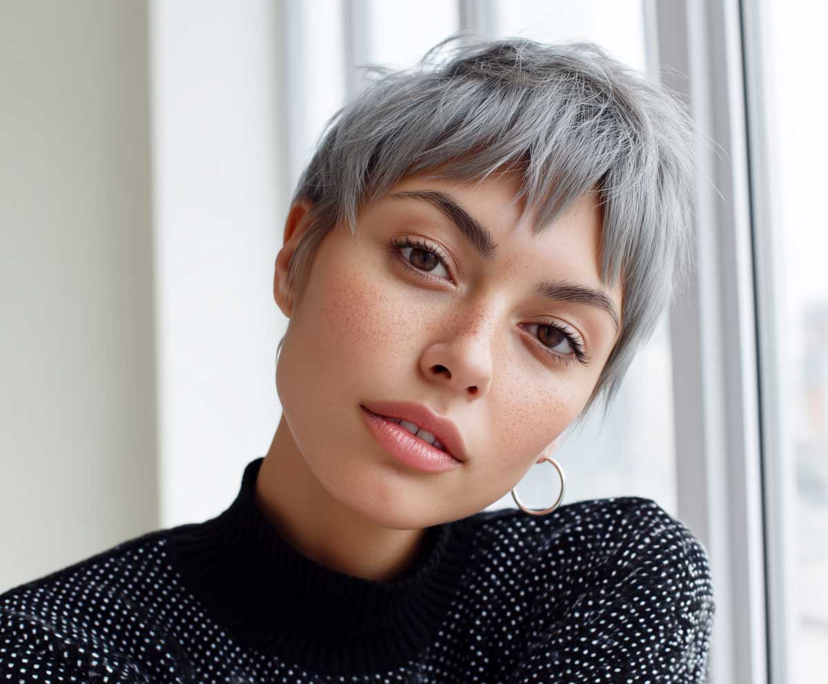 Trendy woman with a round face, short straight silver ash layered pixie haircut, close-up portrait, natural makeup, bright background