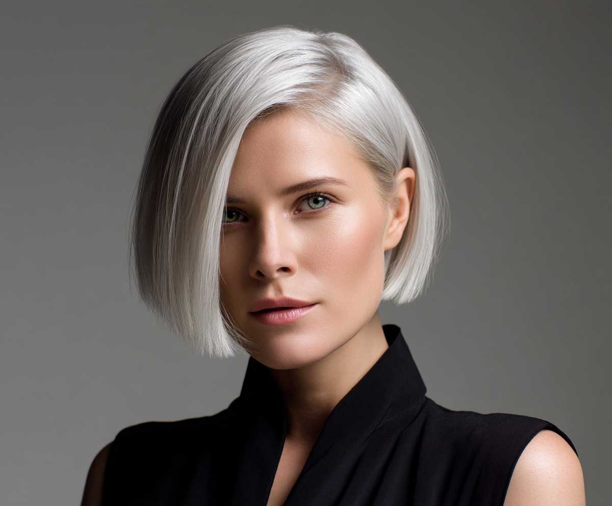 Modern woman with a square face, icy platinum short straight hair in a blunt undercut bob, high fashion look, neutral background, direct eye contact