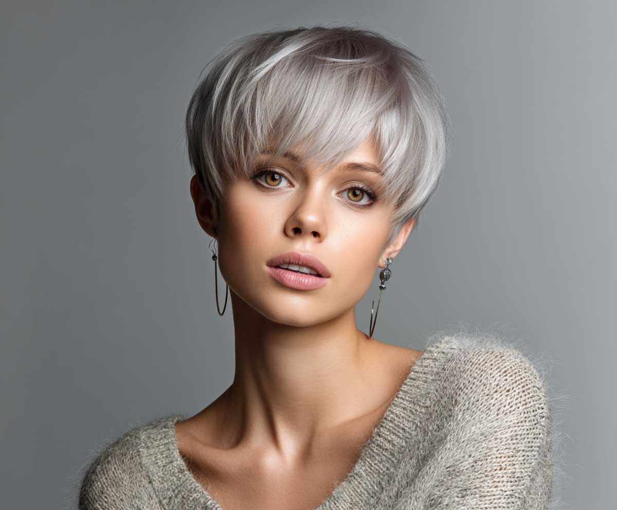 Trendy woman with a round face, short straight silver ash layered pixie haircut, close-up portrait, natural makeup, bright background