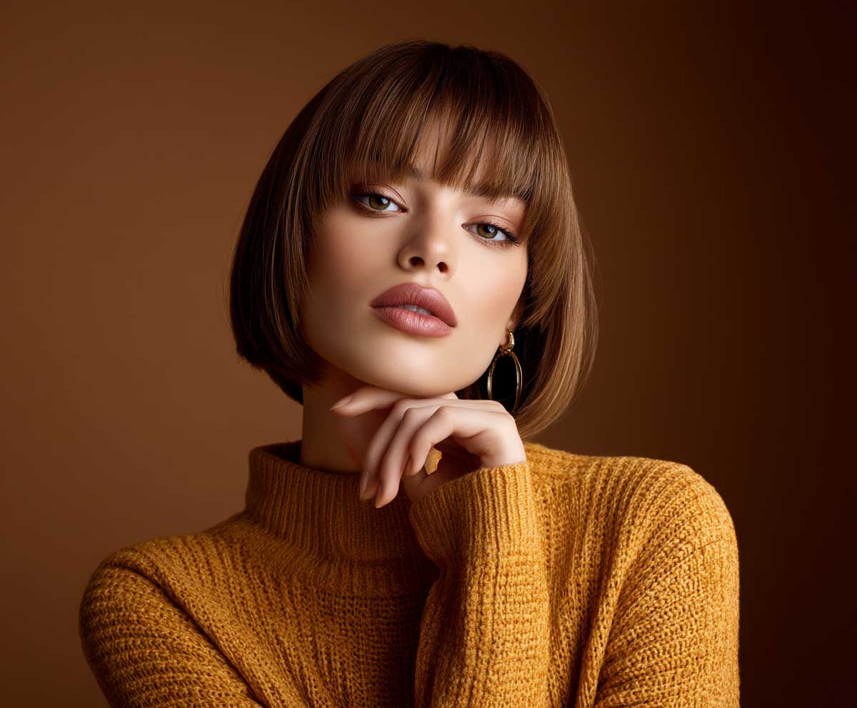 Confident woman with a square face shape, golden caramel short straight hair with a long side fringe, soft studio lighting, warm background, natural pose