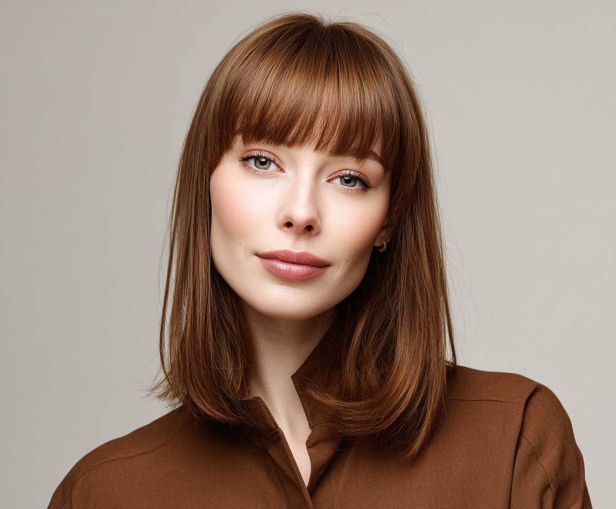 Elegant woman with a long face shape, short straight chestnut brown hair with curtain bangs, gentle lighting, clean background, soft natural makeup