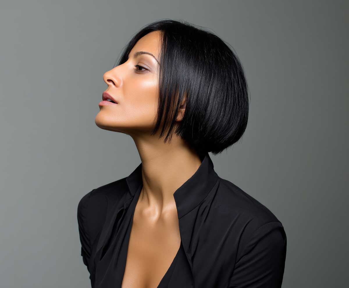 Chic woman with a round face, short straight jet black hair in a sharp chin-length crop, studio lighting, confident pose, neutral background