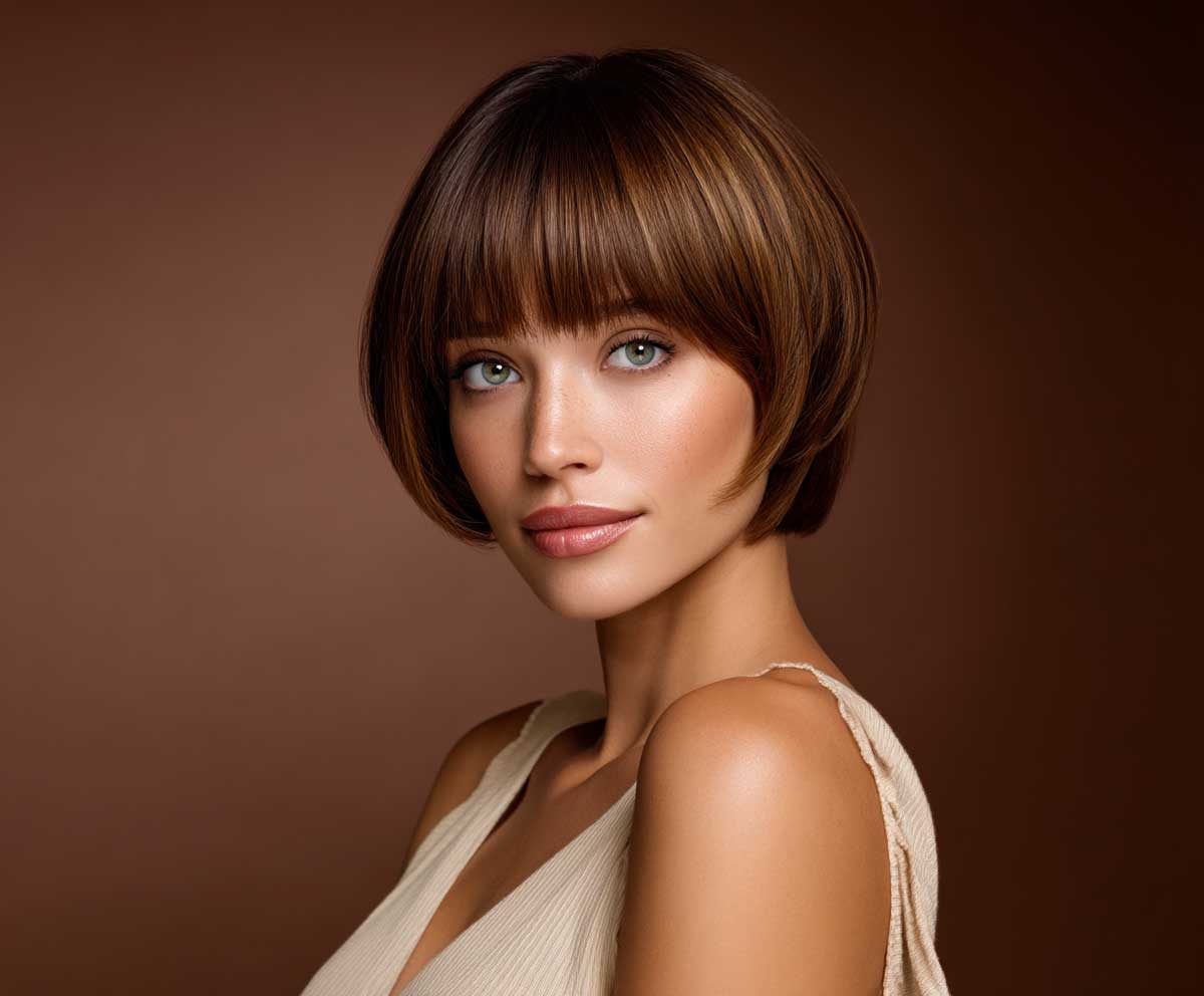 Confident woman with a square face shape, golden caramel short straight hair with a long side fringe, soft studio lighting, warm background, natural pose